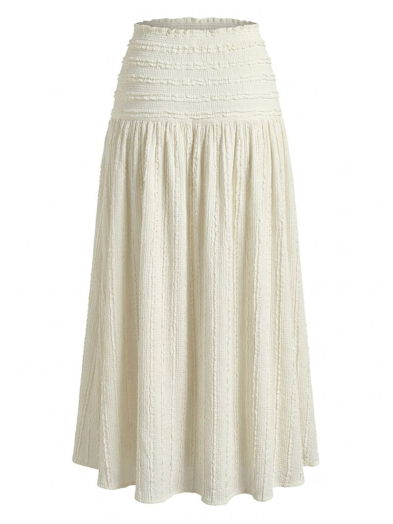 Beige 70er Boho Maxirock mit Smok und Struktur