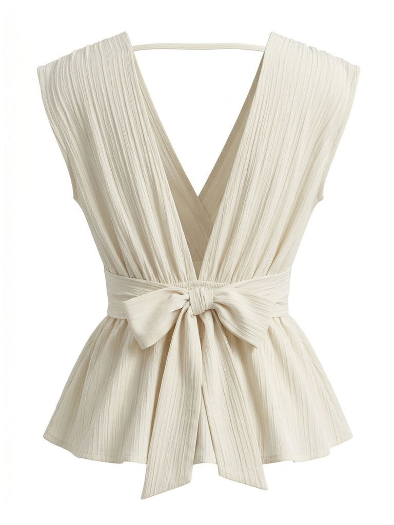Beige 50er Ärmelloses Bluse mit V-Ausschnitt und Peplum