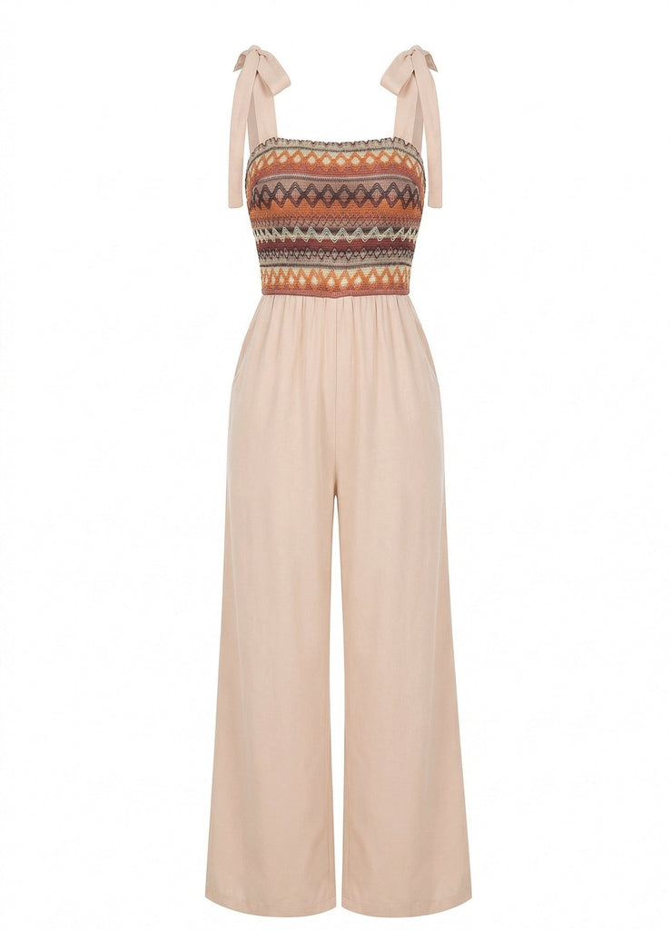 Beige 1970er Boho Binden Spaghetti Gurt Overall