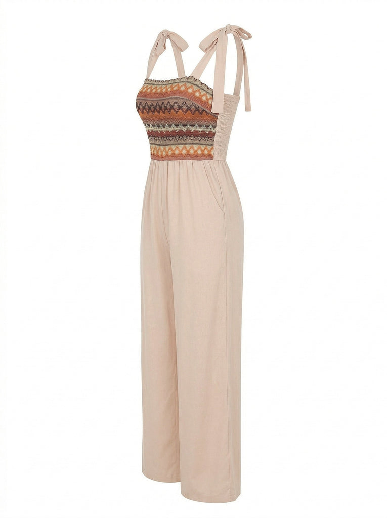 Beige 1970er Boho Binden Spaghetti Gurt Overall
