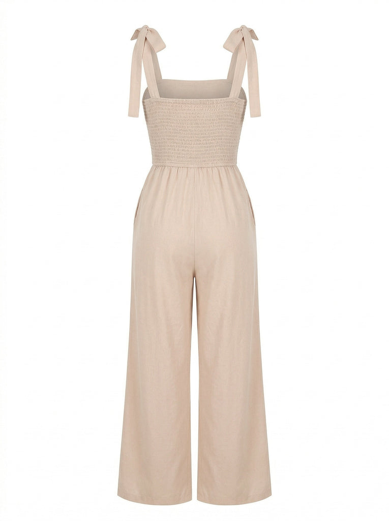Beige 1970er Boho Binden Spaghetti Gurt Overall