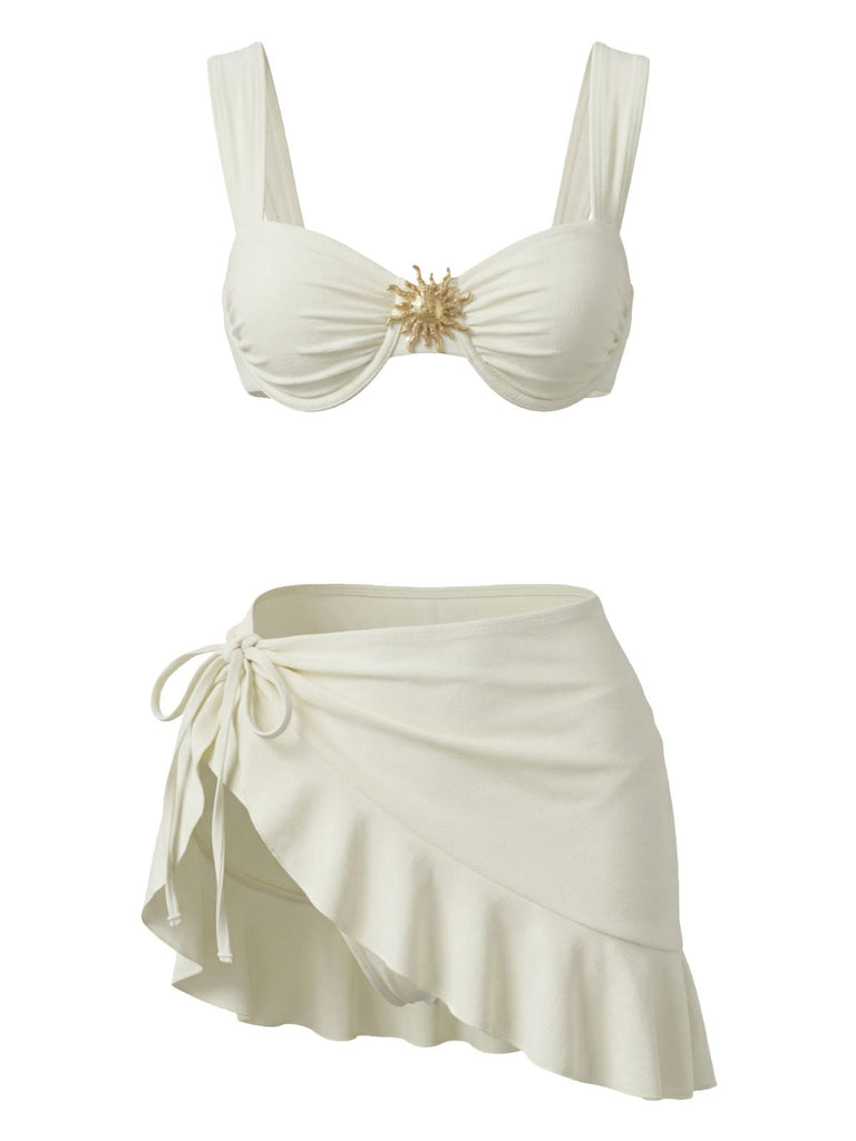 3PCS Beige 1950er Uni Metall Sonne Kette Akzent Bikini Set & Cover-Up