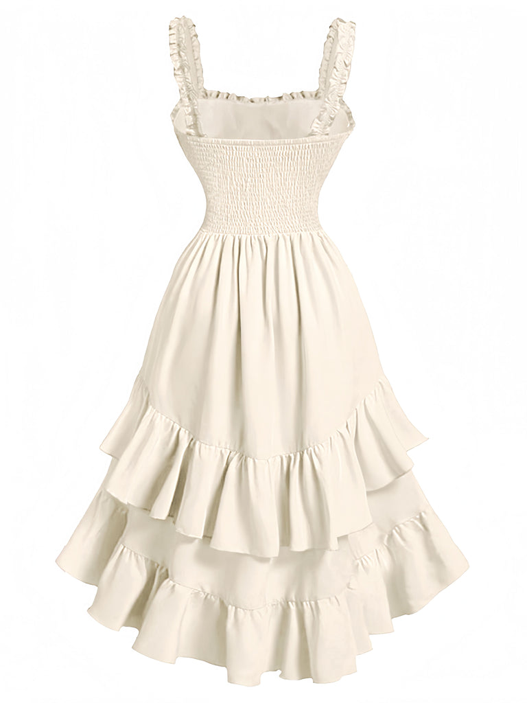 Rückseite: Beiges Trägerkleid im eleganten Vintage-Stil der 1980er Jahre mit Rüschensaum, perfekt für Vintage-Modeliebhaber