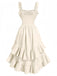 Rückseite: Beiges Trägerkleid im eleganten Vintage-Stil der 1980er Jahre mit Rüschensaum, perfekt für Vintage-Modeliebhaber