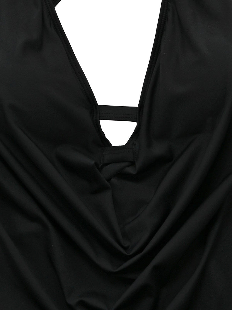 Schwarzer Vintage-Tankini mit gekreuzten Cut-out-Details und Schnürung im Stil der 1940er Jahre