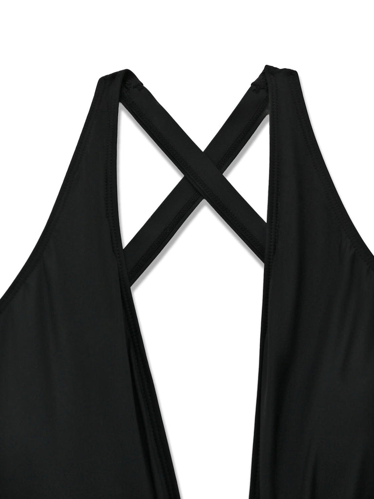 Schwarzer Vintage-Tankini mit gekreuzten Cut-out-Details und Schnürung im Stil der 1940er Jahre