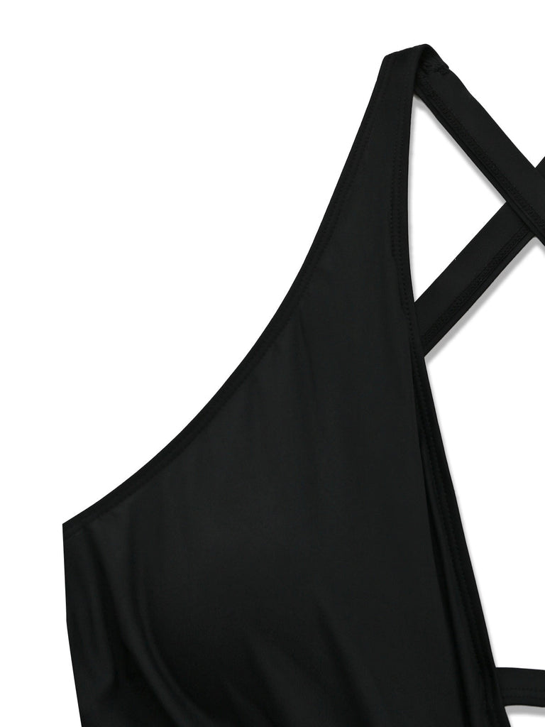 Schwarzer Vintage-Tankini mit gekreuzten Cut-out-Details und Schnürung im Stil der 1940er Jahre