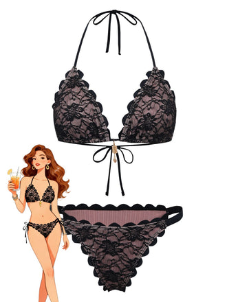 Schwarzes 40er Bikini-Set mit Neckholder und rückenfrei