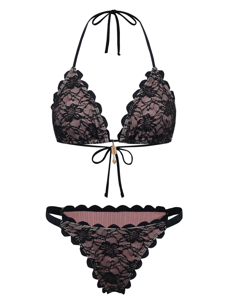 Schwarzes 40er Bikini-Set mit Neckholder und rückenfrei