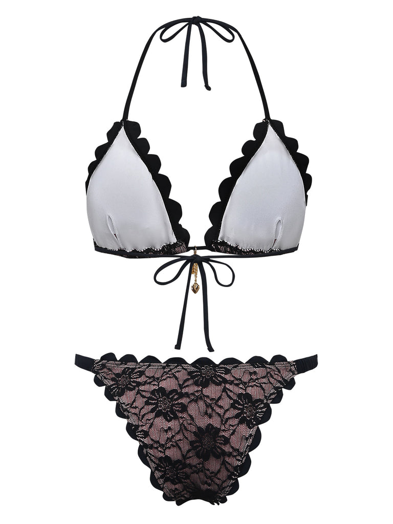 Schwarzes 40er Bikini-Set mit Neckholder und rückenfrei