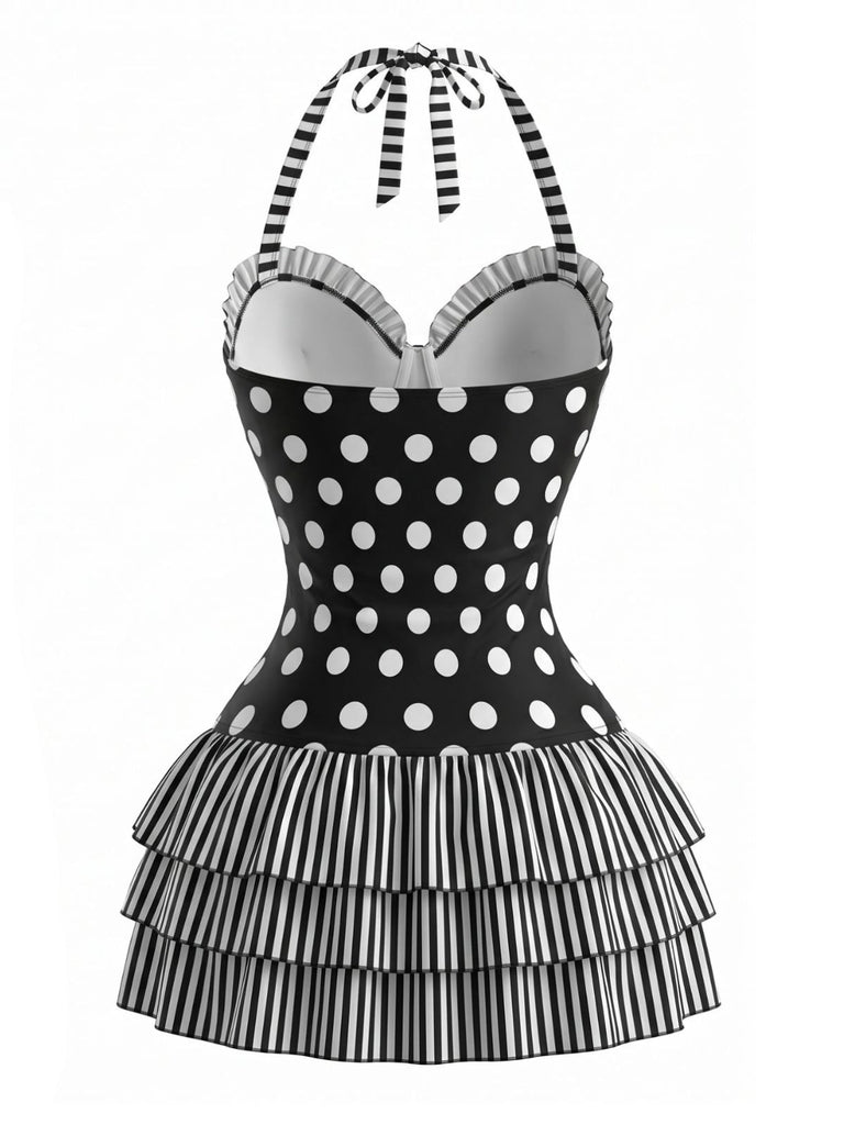 Schwarzer 40er Badeanzug mit Polka-Dots und Neckholder