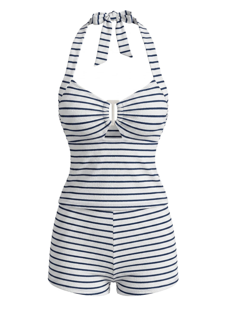 Schwarzes 40er Tankini-Set mit Neckholder und Streifen