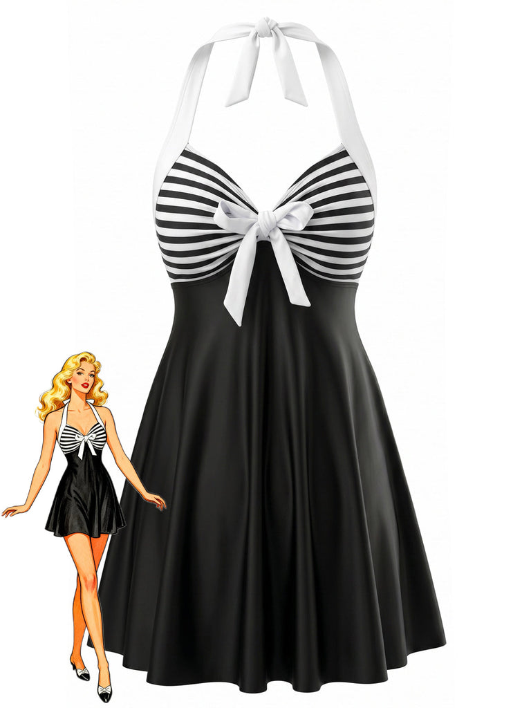 Schwarzes 40er Tankini-Set mit Neckholder und Schleife