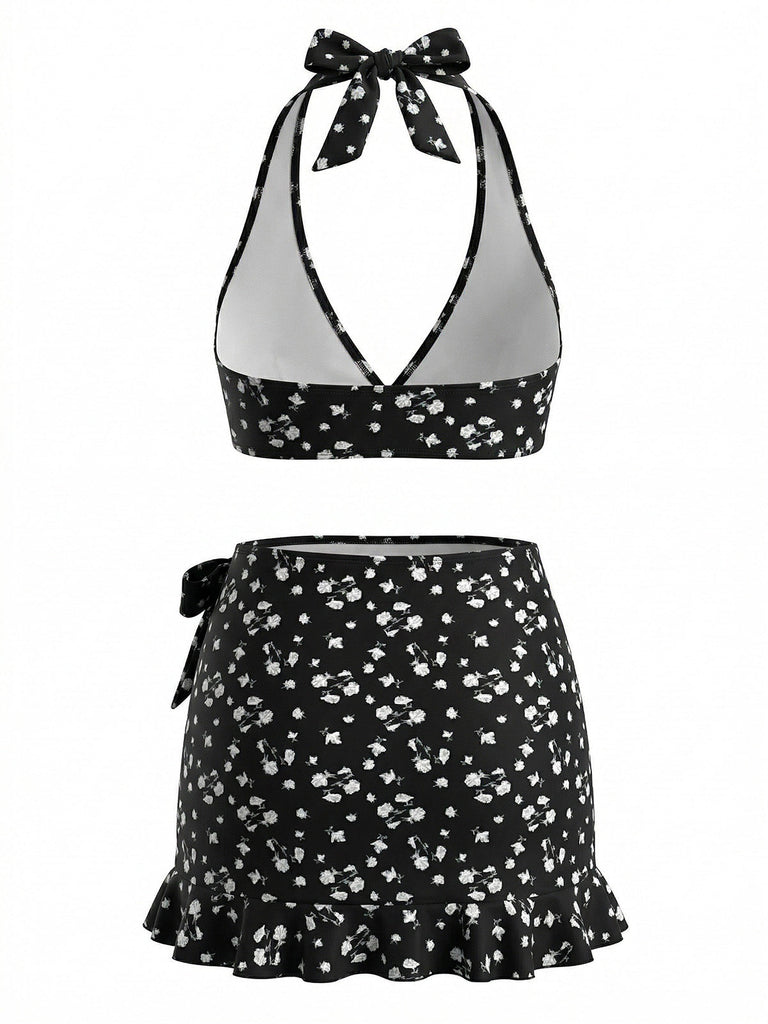 3PCS Schwarz 1960er Halfter Ditsy Blumen Bikini-Set & Abdeckung Up