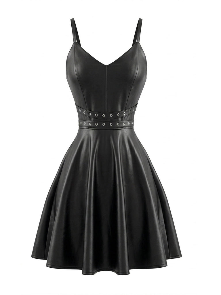 Schwarzes 50er Leder-Ärmelloses Kleid mit Taille