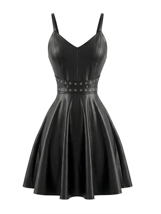 Schwarzes 50er Leder-Ärmelloses Kleid mit Taille