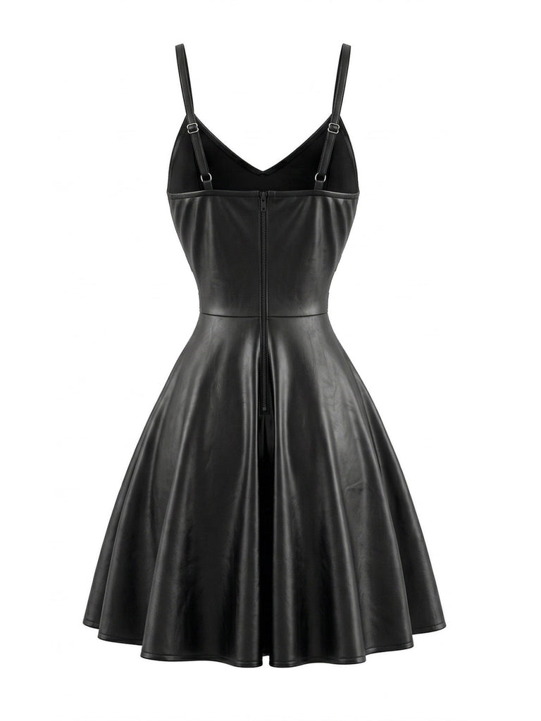 Schwarzes 50er Leder-Ärmelloses Kleid mit Taille