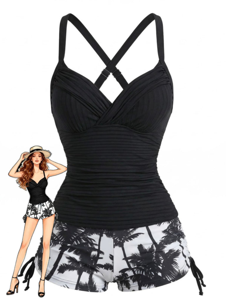 Schwarzes 50er Tankini-Set mit gerafft und Palmen