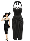 Schwarzes 60er Bodycon-Kleid mit Neckholder und gerafft