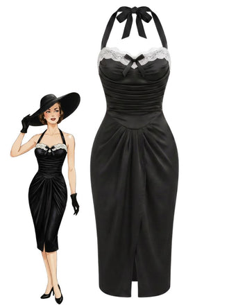 Schwarzes 60er Bodycon-Kleid mit Neckholder und gerafft