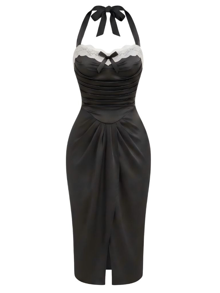 Schwarzes 60er Bodycon-Kleid mit Neckholder und gerafft