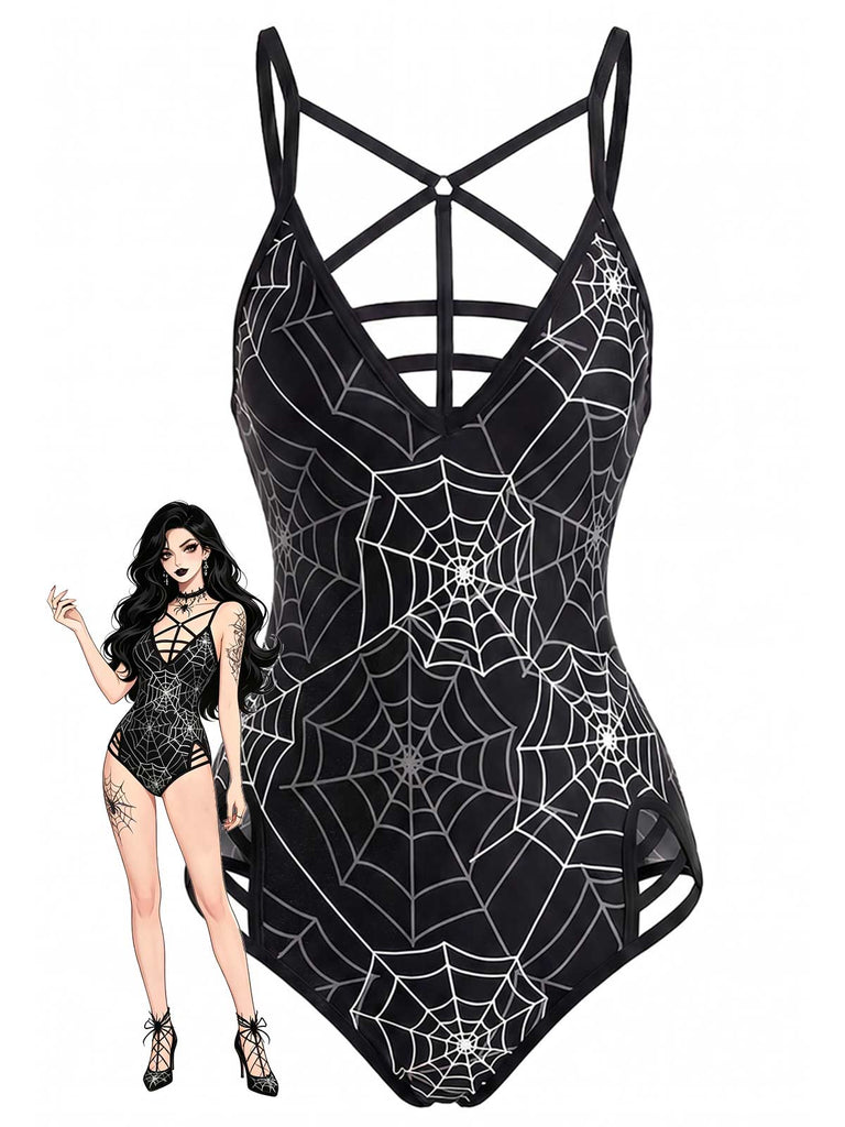 Schwarzer 50er Gothic Badeanzug mit Print und Spinne