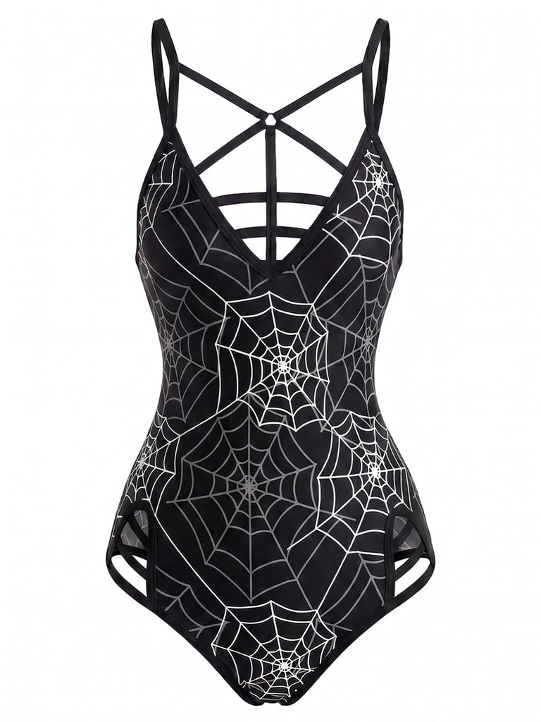 Schwarzer 50er Gothic Badeanzug mit Print und Spinne