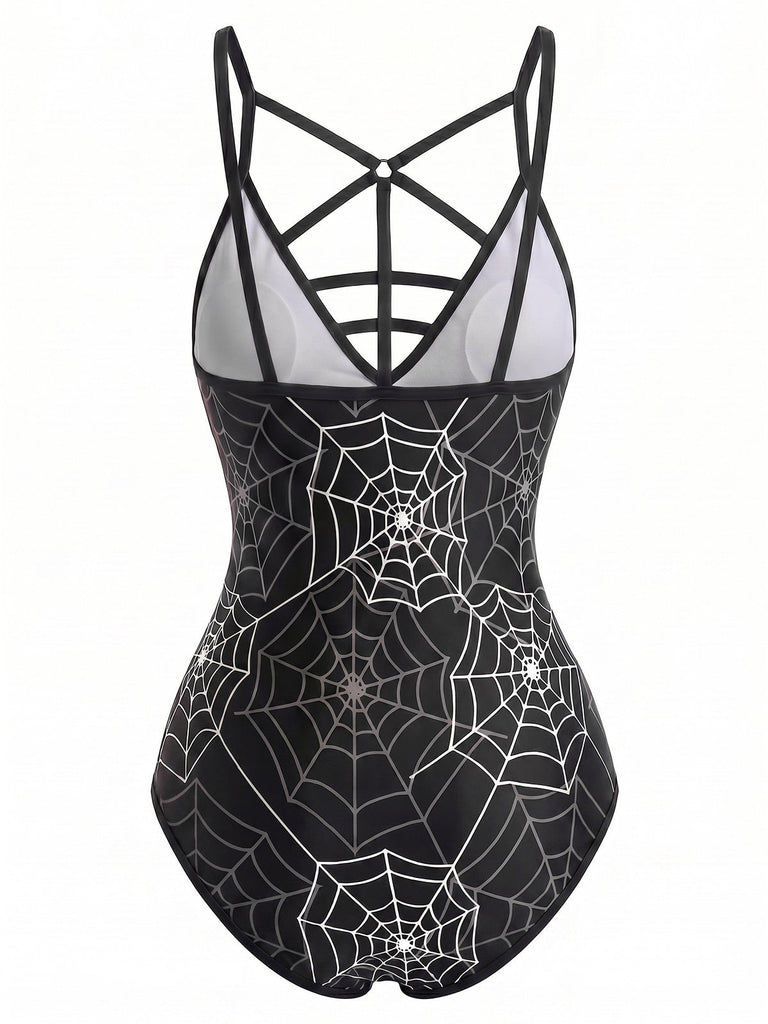 Schwarzer 50er Gothic Badeanzug mit Print und Spinne
