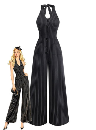 Schwarzer 50er Ärmelloses Jumpsuit mit Neckholder und Knopf