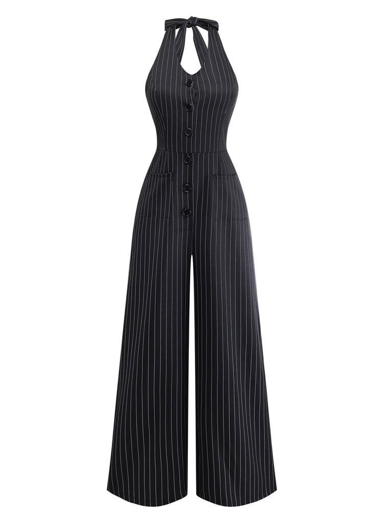 Schwarzer 50er Ärmelloses Jumpsuit mit Neckholder und Knopf