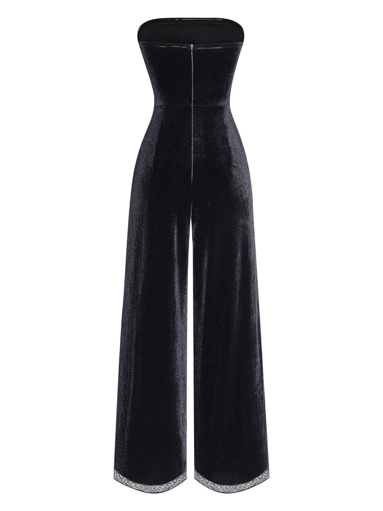Schwarzer, trägerloser Jumpsuit mit weitem Bein auf weißem Hintergrund