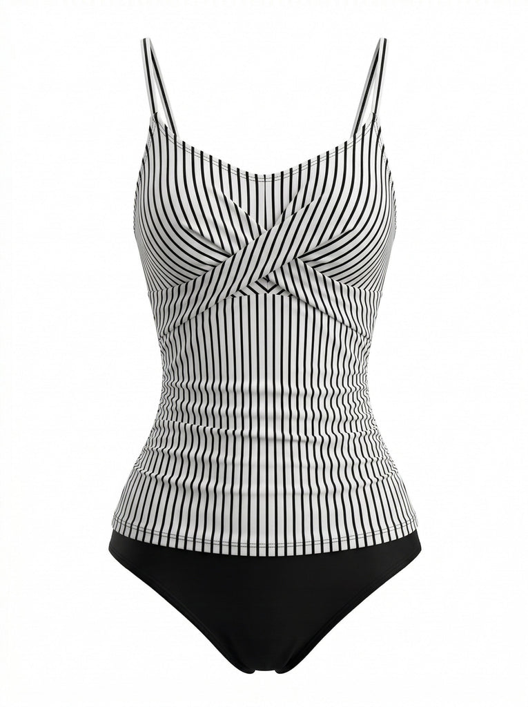 Schwarzes 50er Tankini-Set mit Spaghettiträger und Streifen