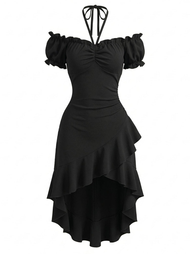 Schwarzes 60er schulterfreies Kleid mit Puffärmel und Rüschen