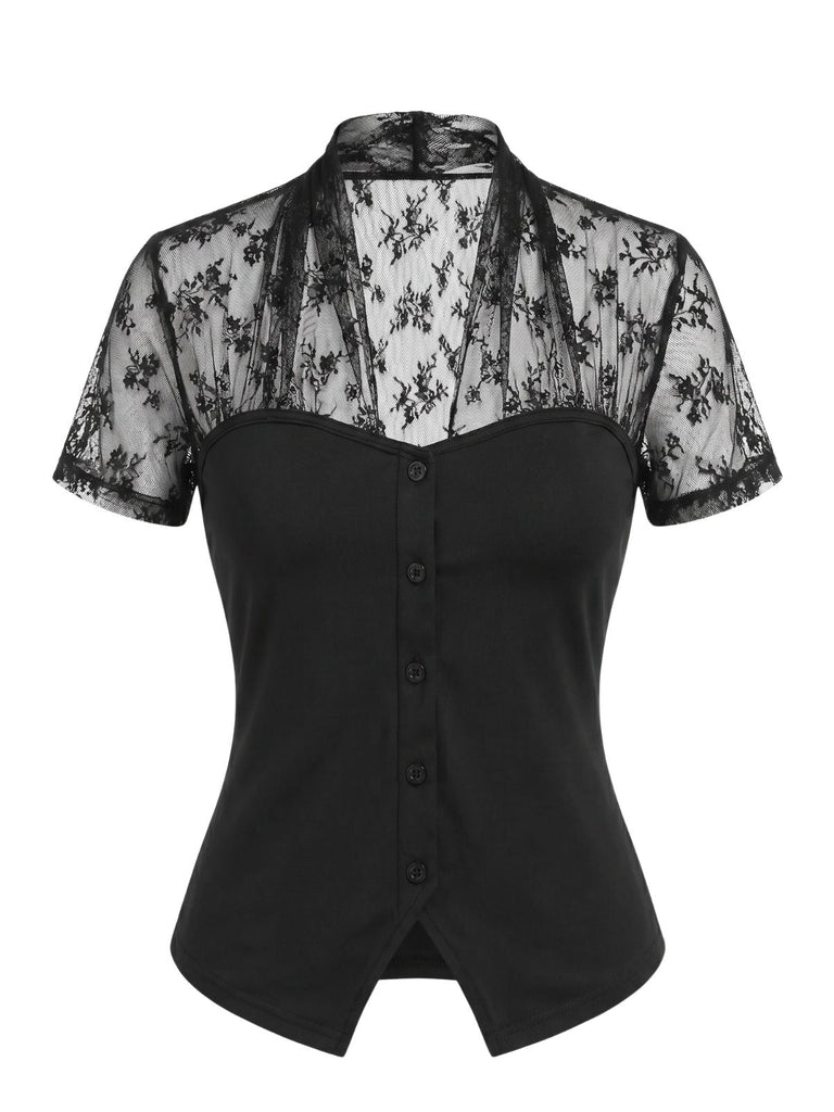 Schwarze 60er Bluse mit V-Ausschnitt und Patchwork