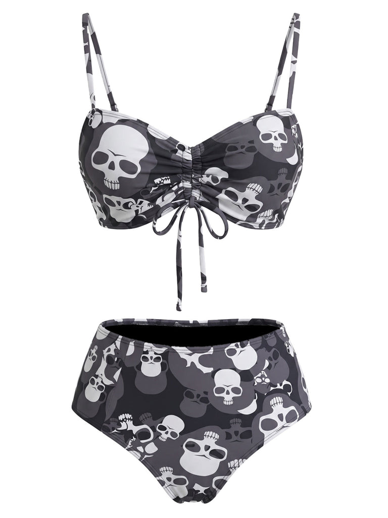 Schwarzes 80er Gothic Bikini-Set mit Kordelzug und Totenkopf