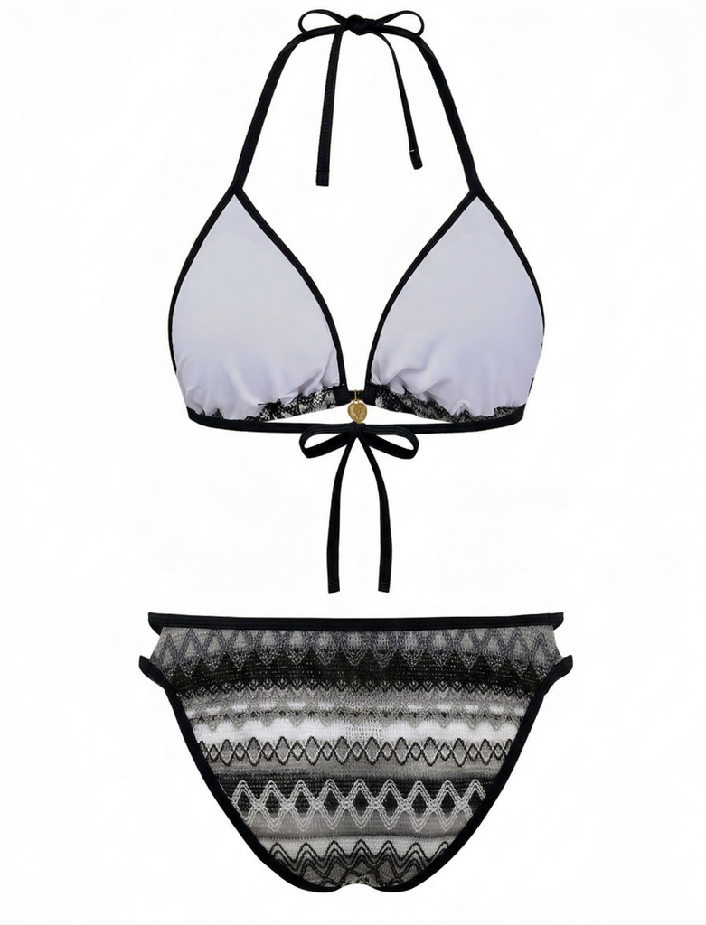 Schwarzes Boho-Bikini-Set im geometrischen Strickstil der 1970er Jahre mit Neckholder, Rückansicht