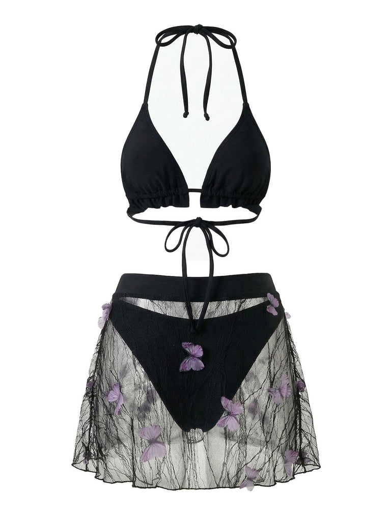 Schwarzer Strickbikini im Stil der 1980er-Jahre – Vintage-Mode, Retro-Stil, klassisches Schwarz