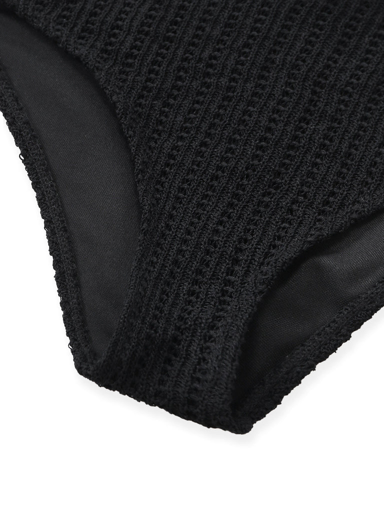 Schwarzes 80er Ärmelloses Strick-Badekleid mit Criss-Cross