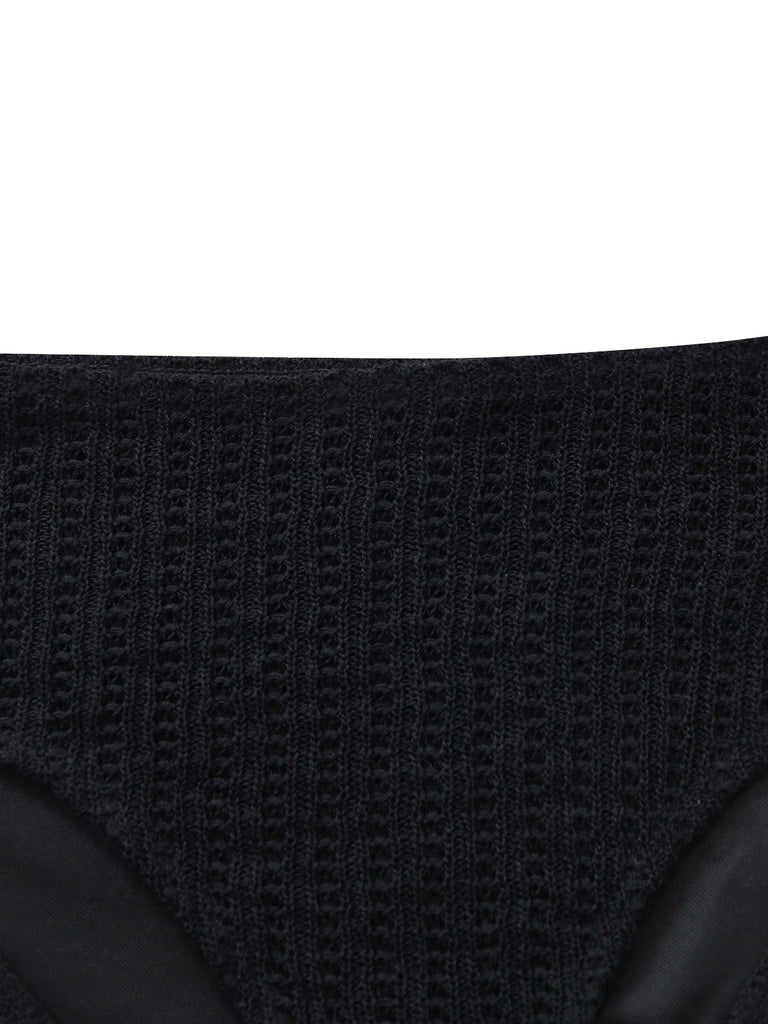 Schwarzes 80er Ärmelloses Strick-Badekleid mit Criss-Cross