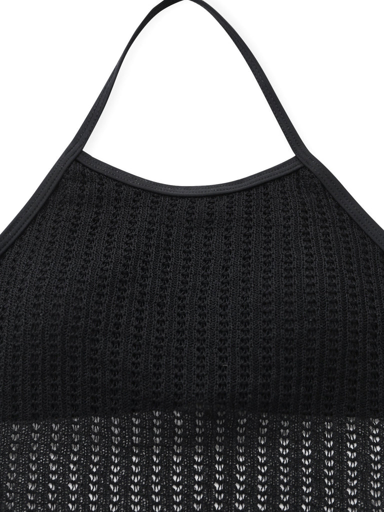 Schwarzes 80er Ärmelloses Strick-Badekleid mit Criss-Cross