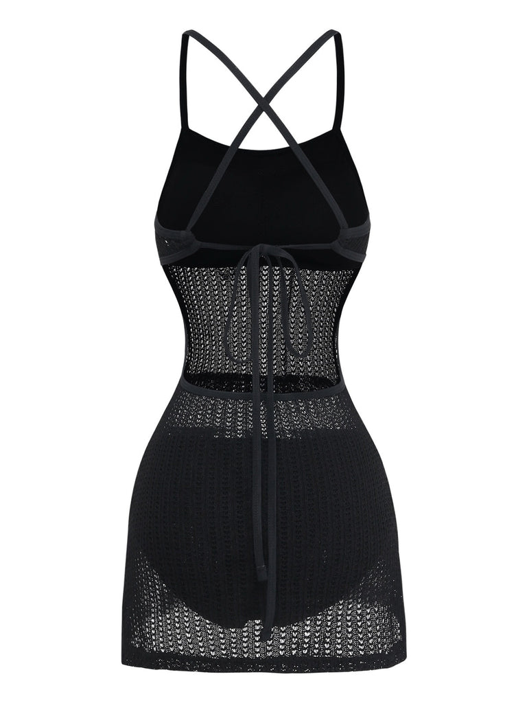Schwarzes 80er Ärmelloses Strick-Badekleid mit Criss-Cross