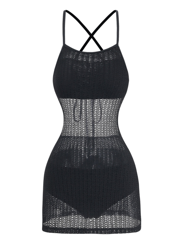 Schwarzes 80er Ärmelloses Strick-Badekleid mit Criss-Cross