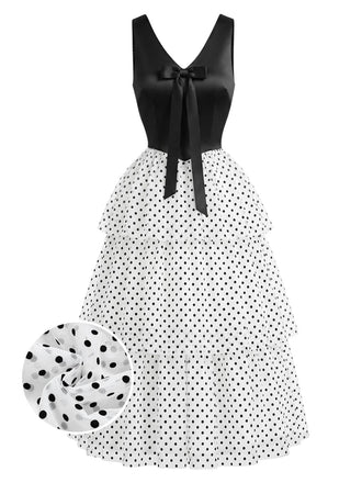 Schwarzes & Weißes 40er Chiffon-Kleid mit Polka-Dots und Rüschen