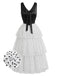 Schwarzes & Weißes 40er Chiffon-Kleid mit Polka-Dots und Rüschen