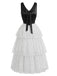 Schwarzes & Weißes 40er Chiffon-Kleid mit Polka-Dots und Rüschen