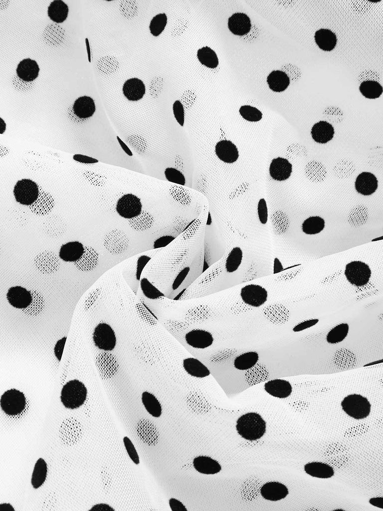 Schwarzes & Weißes 40er Chiffon-Kleid mit Polka-Dots und Rüschen