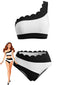 Schwarzes & Weißes 50er Bikini-Set mit One-Shoulder und Wellenkante