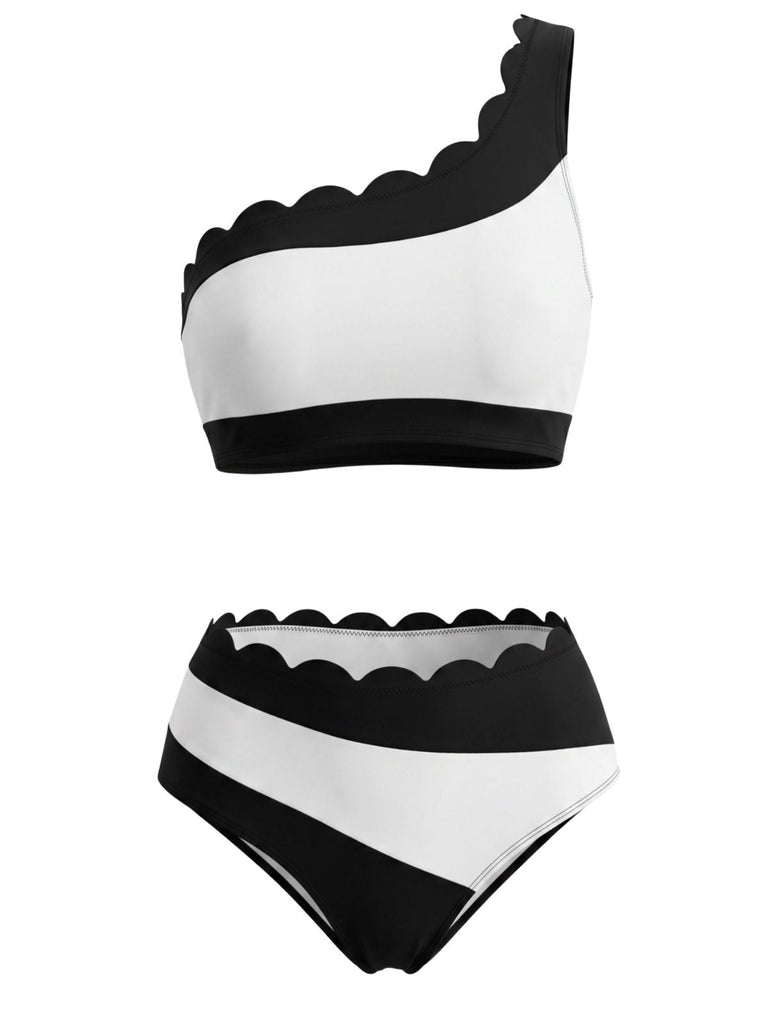 Schwarzes & Weißes 50er Bikini-Set & Shorts mit One-Shoulder
