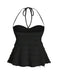 Schwarzes Y2K Babydoll-Top mit einfarbigem, strukturiertem Neckholder und Raffungen, Rückansicht