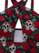 Details: Schwarzer Neckholder-Badeanzug im Stil der 1950er Jahre mit Skelett-Rosen-Motiv, Retro-Design, perfekt für Vintage-Modeliebhaber
